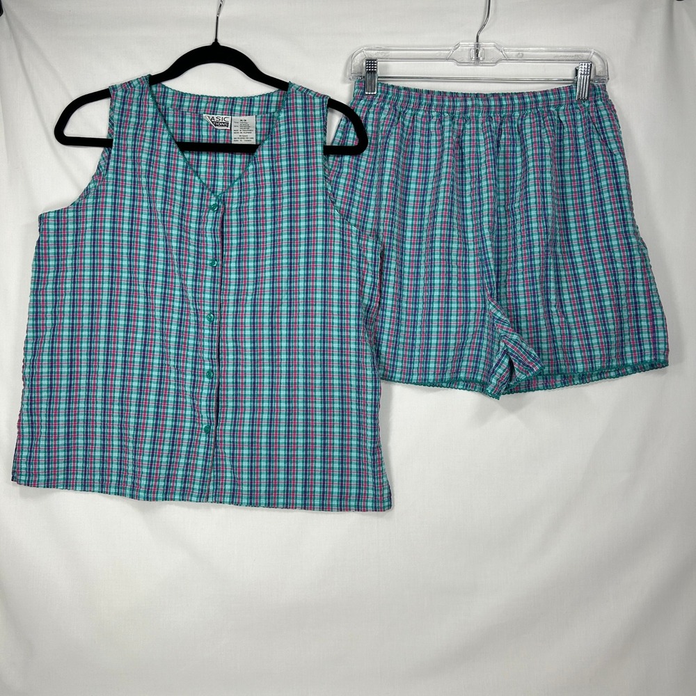 Vintage Basic Editions Plaid Pajama Set – 90s Teal & Pink Lounge Set (M)
